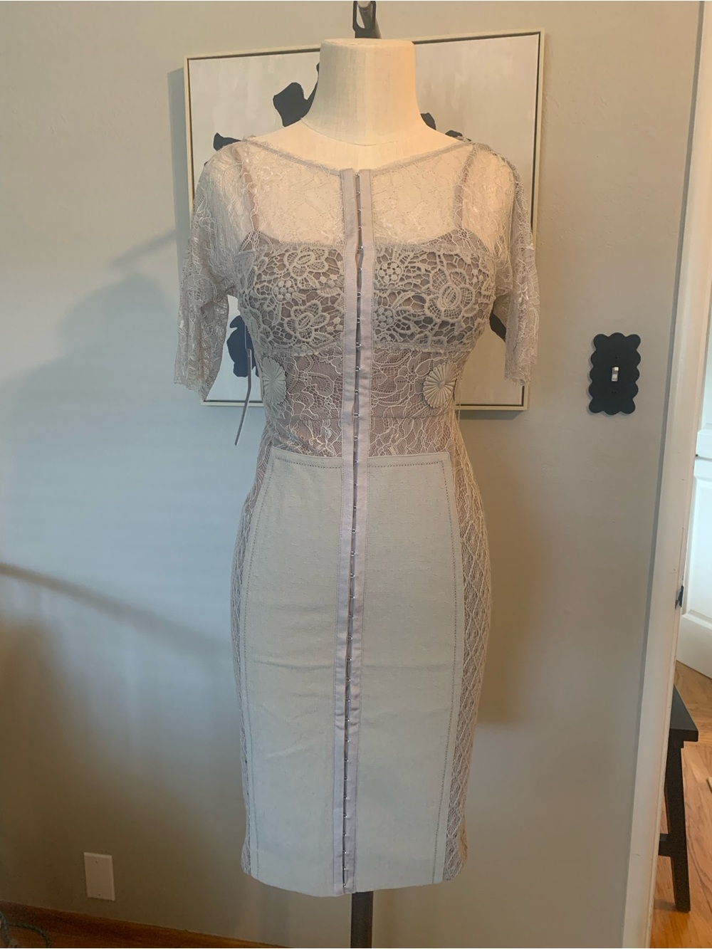 Byron Lars Lace-Overlay Midi Dress in Light gray
